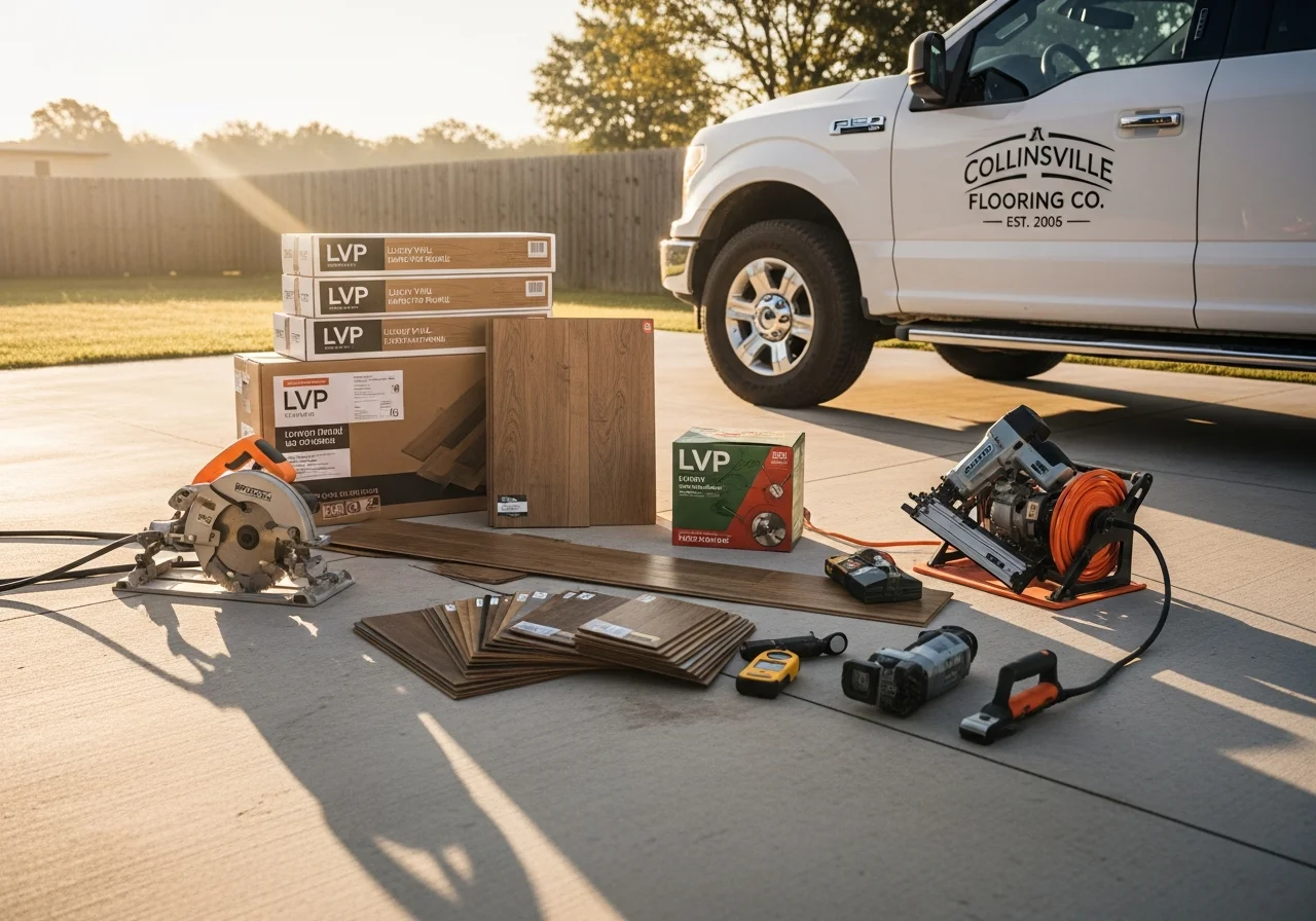 Flooring installation crew with tools and materials on a residential job site, ready for hardwood and vinyl plank installation.
