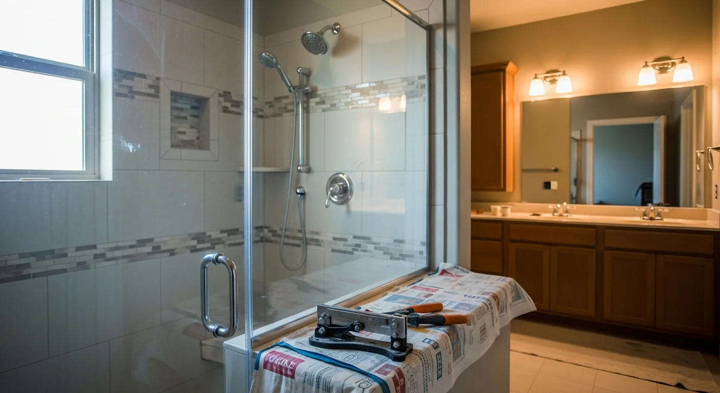 Modern bathroom with walk-in shower installation