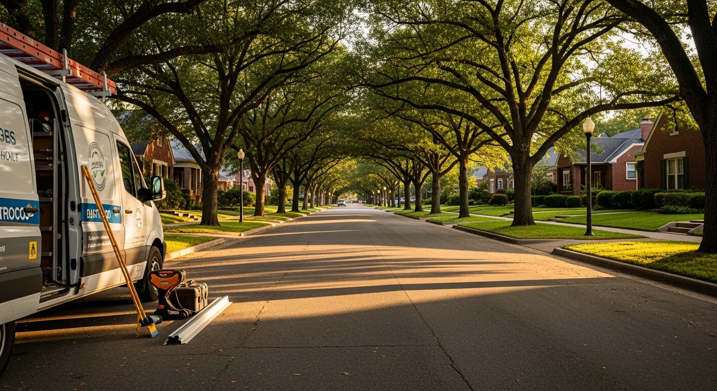 Residential street in Tulsa with mature trees and brick homes typical of established neighborhoods.