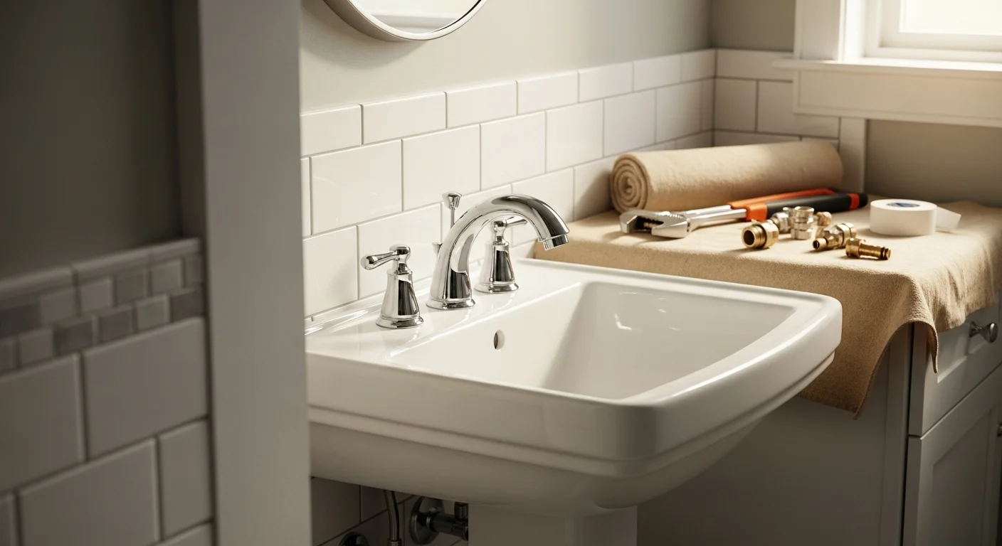 A newly remodeled bathroom in a Tulsa, Oklahoma home showing a freshly installed sink, vanity, and toilet with updated flooring completed by Advanced Flooring Installations LLC. The space shows clean fixture connections, finished tile flooring, and no visible gaps around the base of installed fixtures.