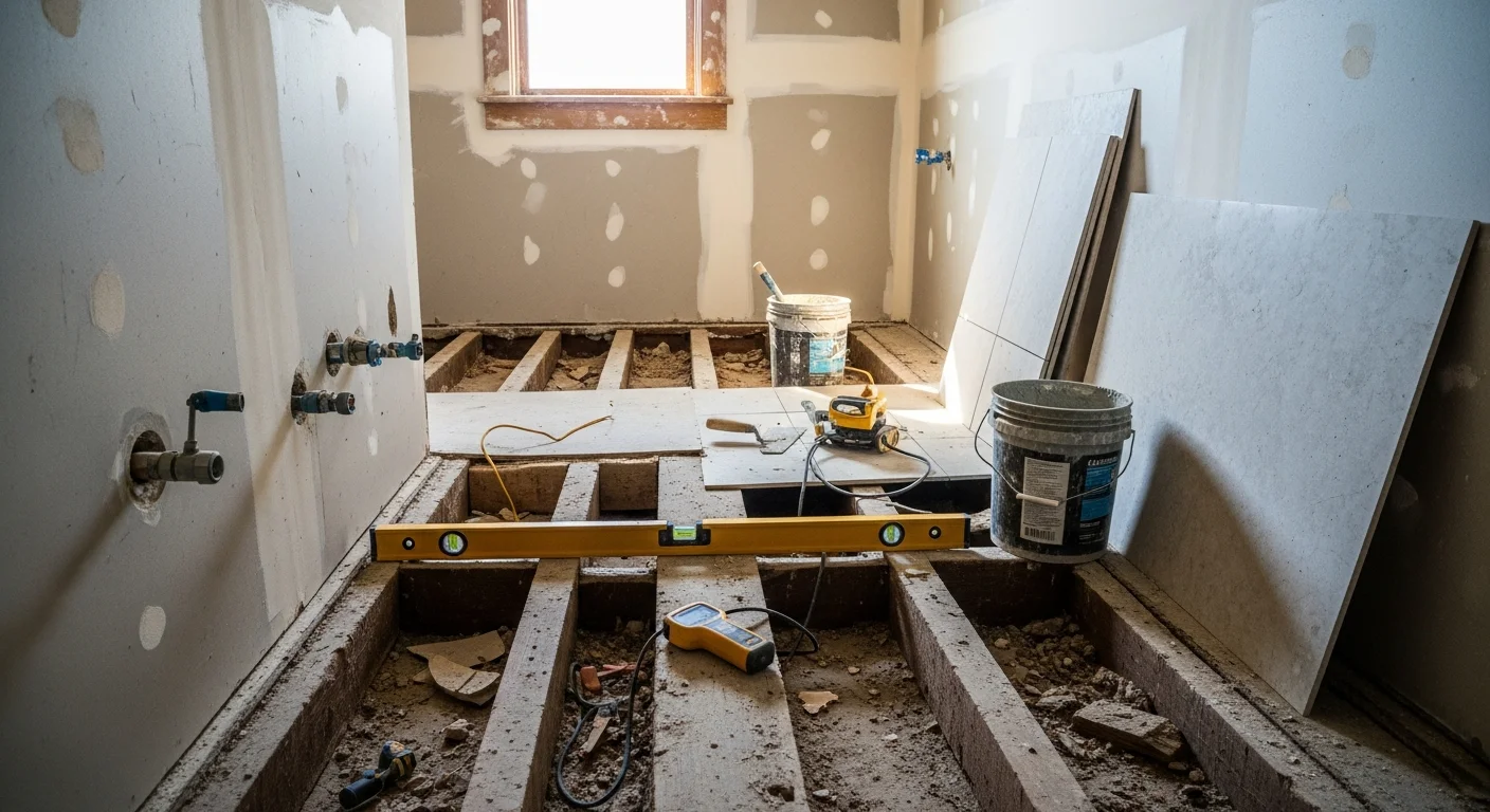Freshly installed water-resistant bathroom floor in a Tulsa, Oklahoma home, showing clean grout lines and precise cuts around a toilet base and vanity. The finished floor reflects even lighting and sits flush against the baseboard trim.