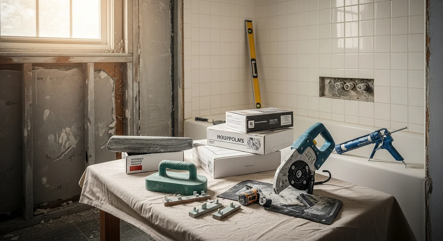 A fully remodeled bathroom in a Tulsa, Oklahoma home featuring new porcelain tile flooring, a walk-in shower with tiled walls, and an updated vanity. The finished space reflects a clean, functional layout suited to an older Tulsa home.