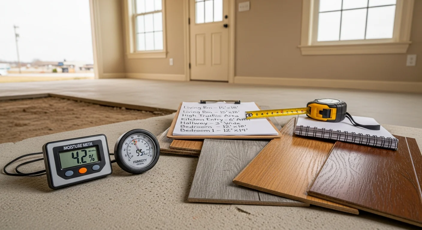 A flooring consultant from Advanced Flooring Installations LLC reviewing subfloor conditions in a Tulsa, Oklahoma home during a pre-installation consultation. Flooring material samples are laid out on the existing floor for side-by-side comparison.