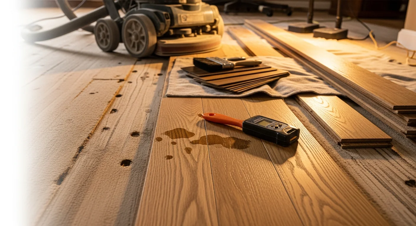 Close-up of a repaired hardwood floor section in a Tulsa, Oklahoma home, showing smooth, even boards blended with the surrounding existing flooring. A professional flooring technician inspects the finished repair in a residential living room.