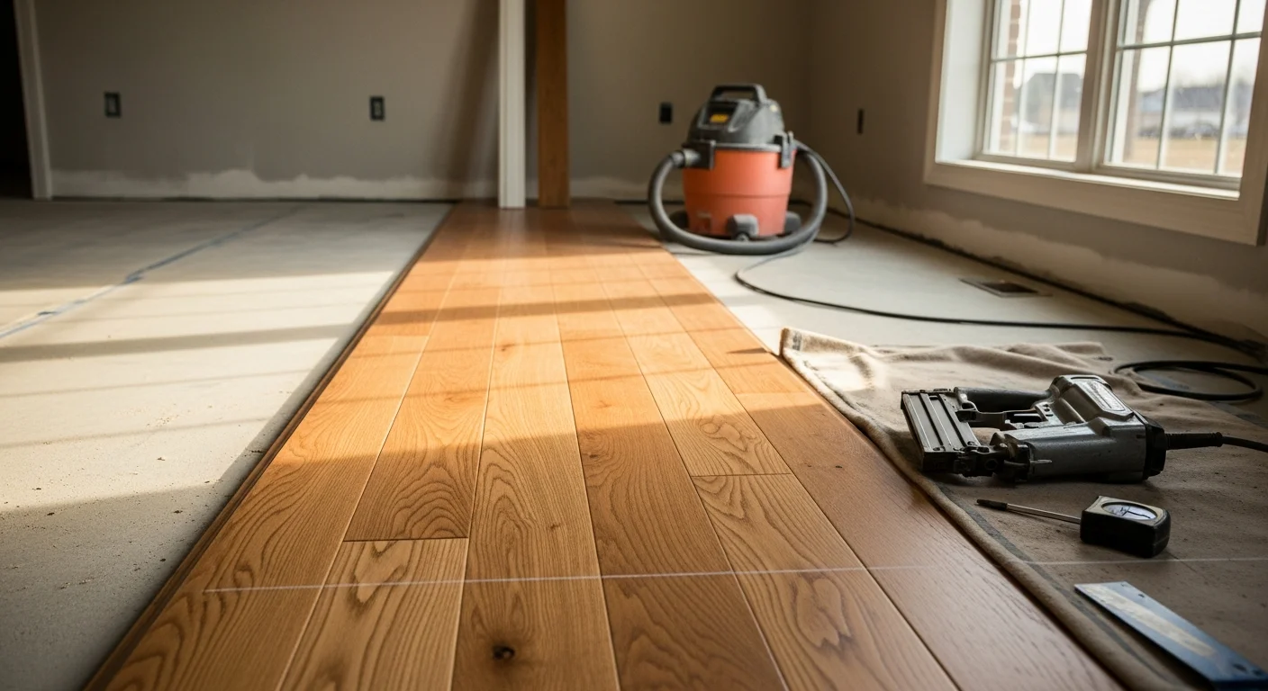Freshly installed hardwood floors in a Tulsa, Oklahoma living room showing tight board joints, clean wall transitions, and a warm natural wood finish. The room features a concrete slab subfloor with engineered hardwood planks laid in a straight-row pattern by Advanced Flooring Installations LLC.