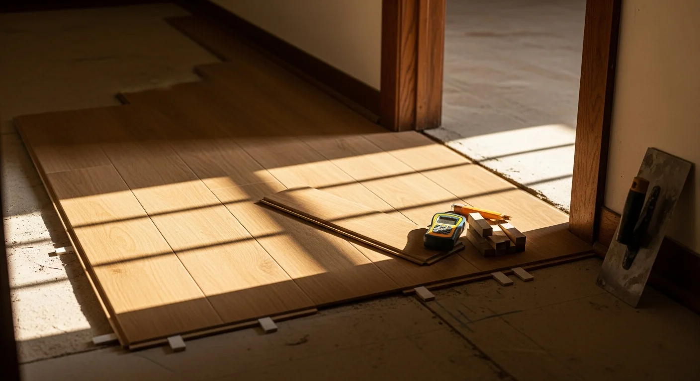 Freshly installed laminate flooring with wood-look planks covering a living room in a Tulsa, Oklahoma home. Clean plank rows run toward a doorway with precise cuts at the door casing and a finished transition strip at the threshold.