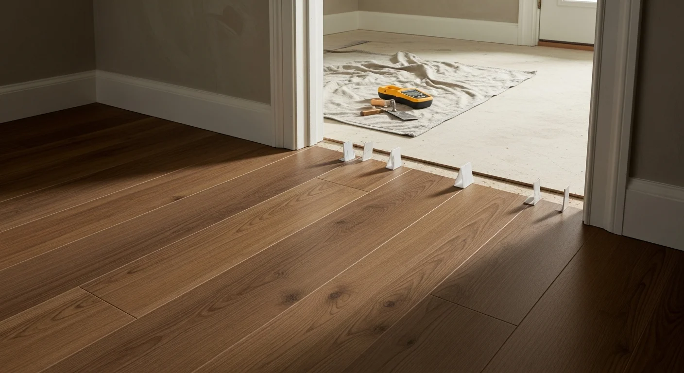 Freshly installed luxury vinyl plank flooring with a wood-look finish covering the open living area of a Tulsa, Oklahoma home. The planks run in straight, even rows with clean transitions at the doorways and baseboards.