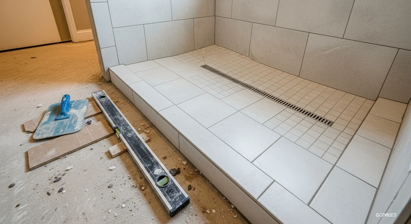 A finished walk-in shower installed by Advanced Flooring Installations LLC in a Tulsa, Oklahoma home, showing a tiled shower floor, waterproofed walls, and an open entry with no step-over threshold. The surrounding bathroom floor tile connects cleanly to the shower base.